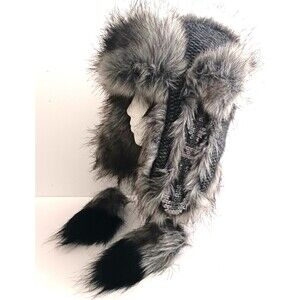 Village House Gray Knit Trapper Hat Gray Wolf Faux Fur Fleece Lined O/S